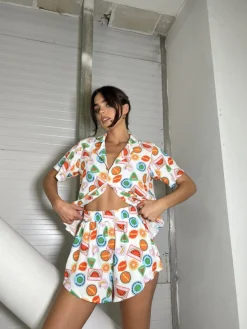 Glamorous Woven Shorts|Multi Fruit Stickers High-waisted Shorts -