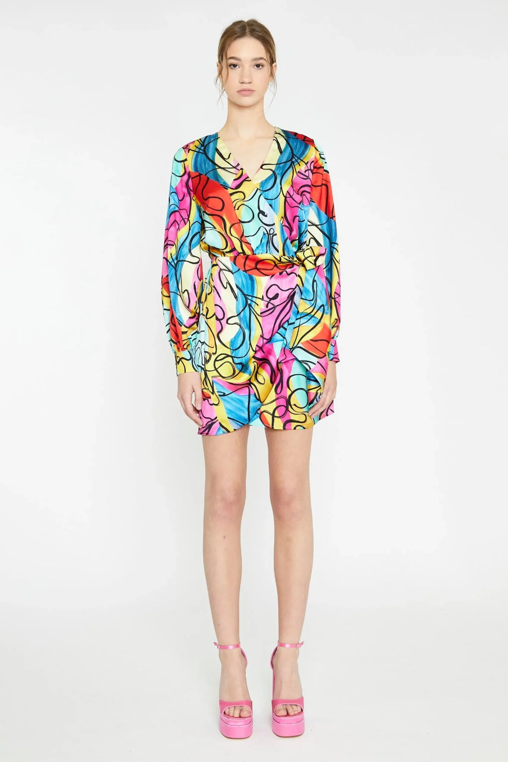 Glamorous Go To Partywear|Day Dresses|Multi-Abstract Scribble Wrap Mini-Dress -