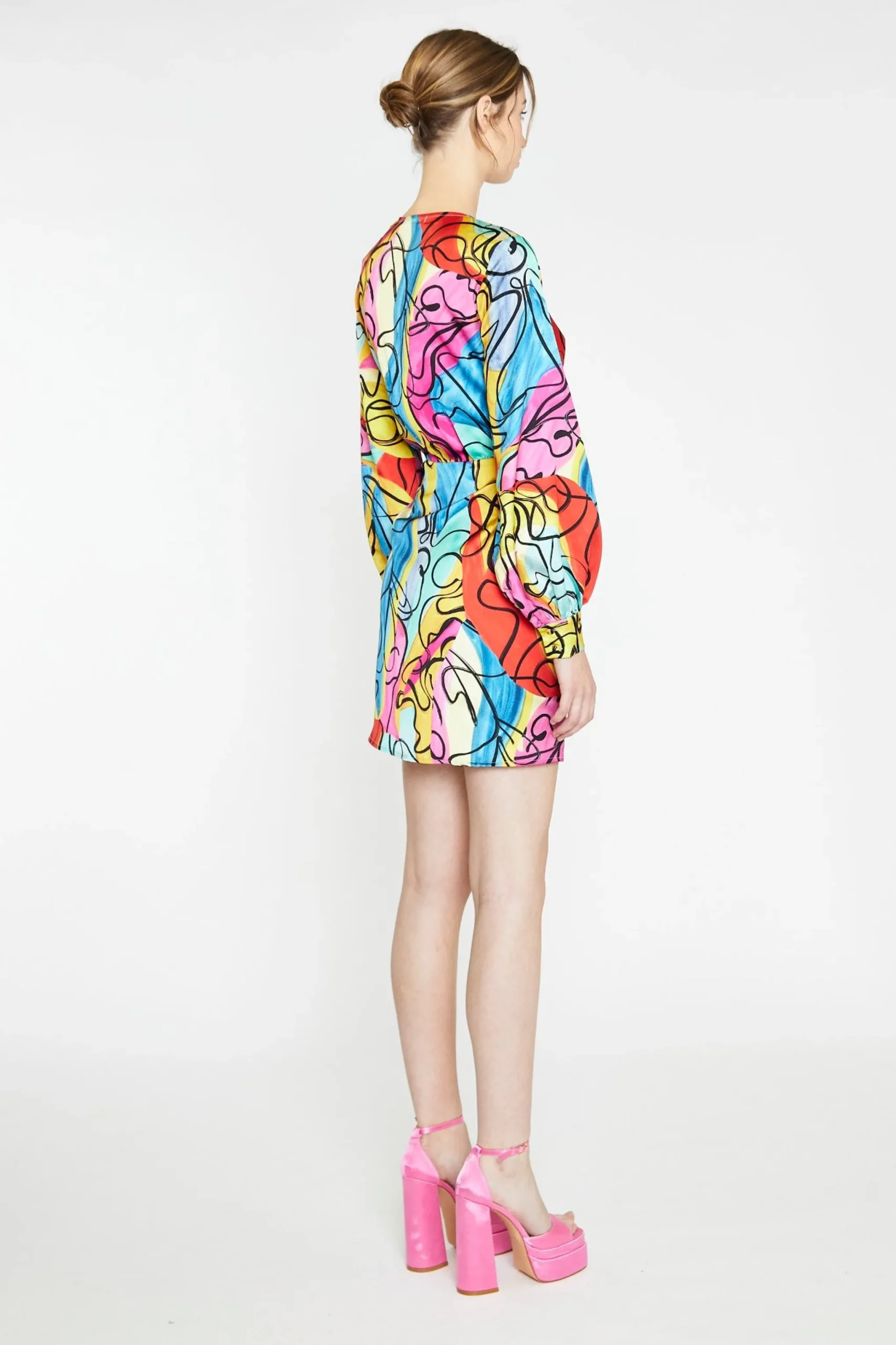 Glamorous Go To Partywear|Day Dresses|Multi-Abstract Scribble Wrap Mini-Dress -