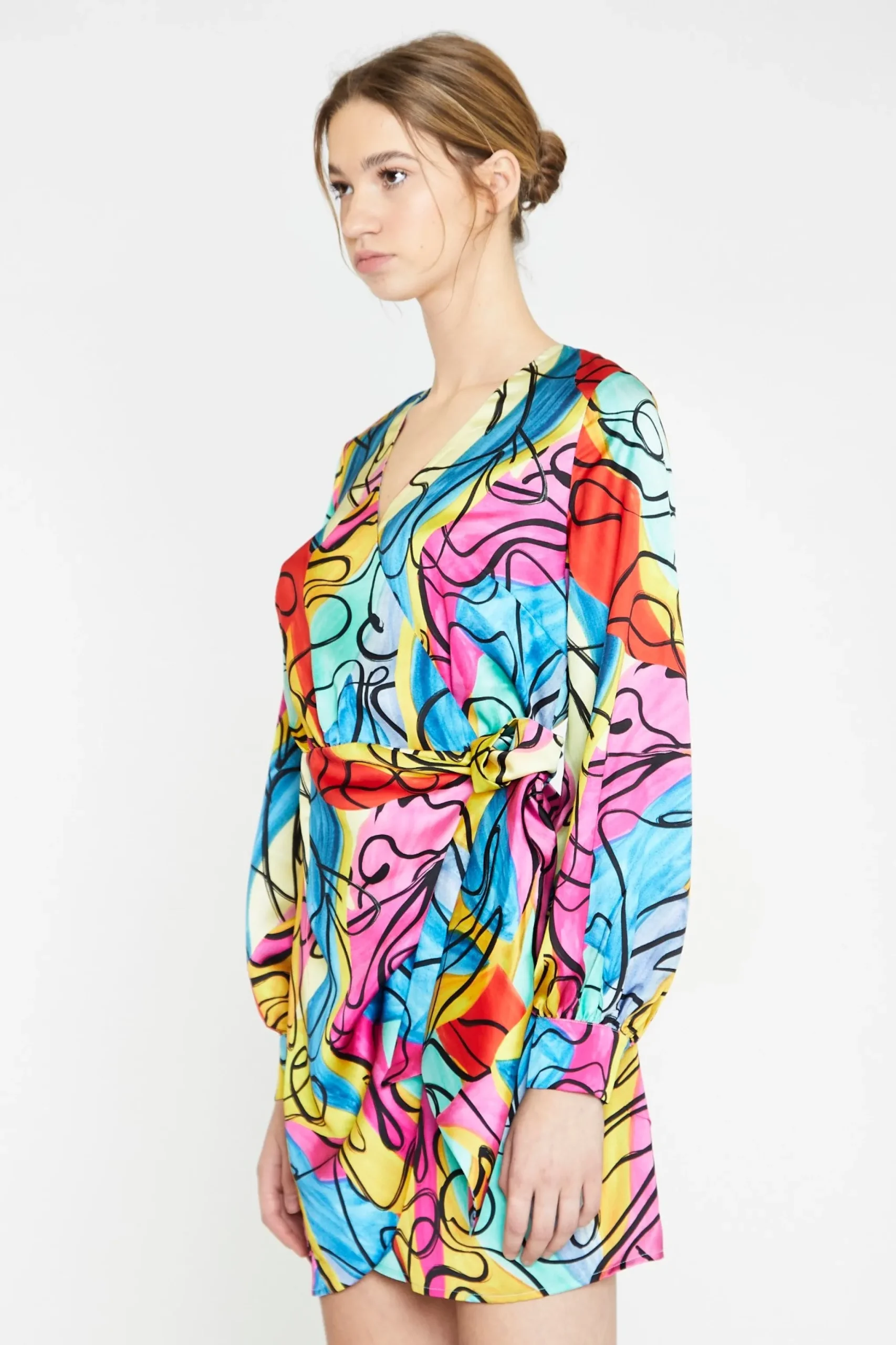 Glamorous Go To Partywear|Day Dresses|Multi-Abstract Scribble Wrap Mini-Dress -