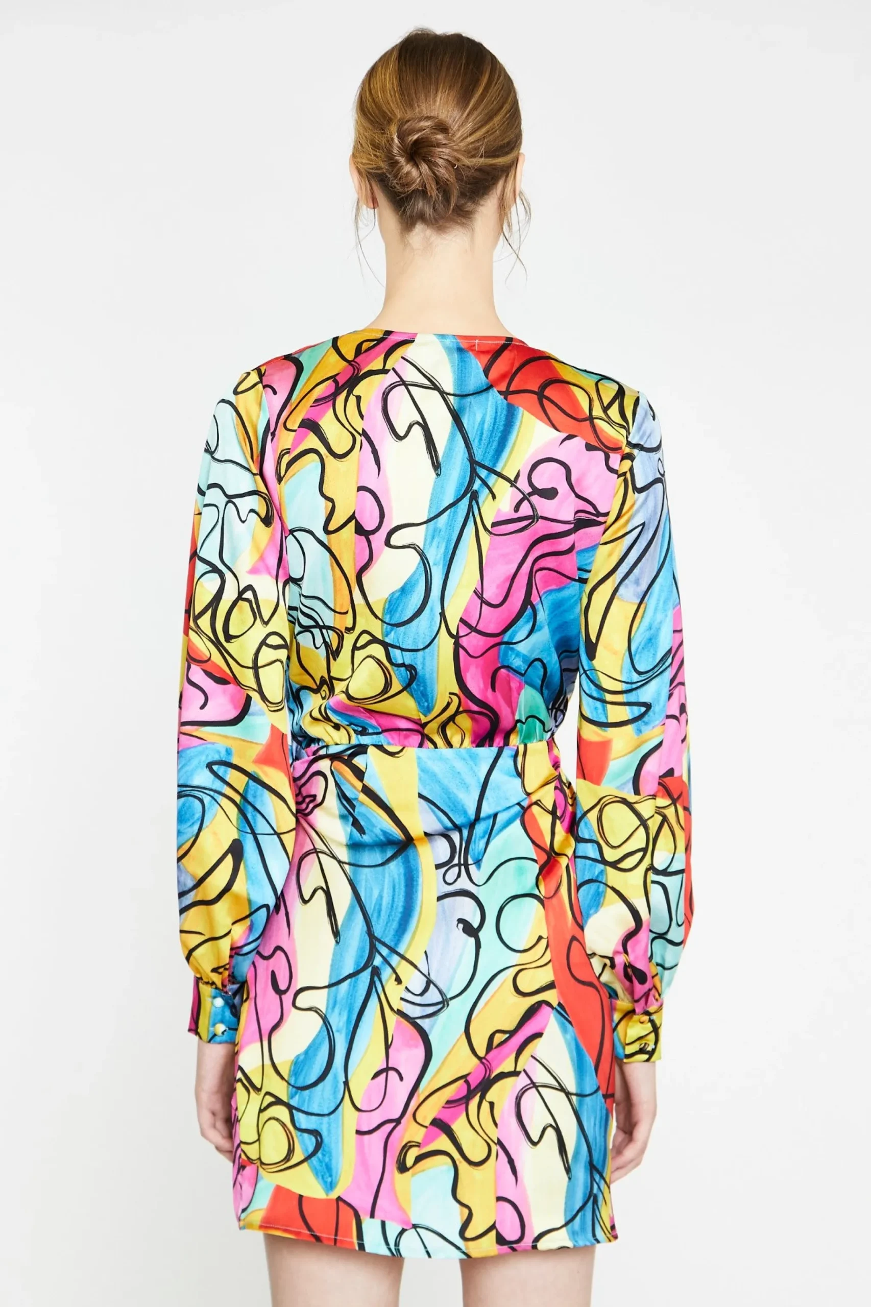Glamorous Go To Partywear|Day Dresses|Multi-Abstract Scribble Wrap Mini-Dress -