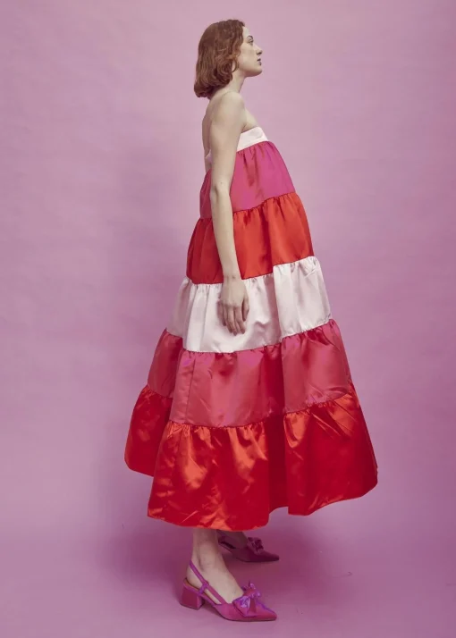 Glamorous Bottoms|Midi & Midaxi Skirts|Nancy Gathered Tiered Midi Skirt -Pink-Red -