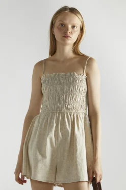 Glamorous Playsuits|Natural Shirred Spaghetti Strap Playsuit -