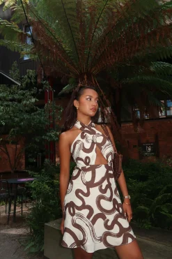 Glamorous Dresses|Day Dresses|Natural-Brown-Swirl Cross-Halter-Neck Mini-Dress -