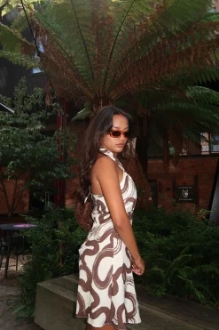 Glamorous Dresses|Day Dresses|Natural-Brown-Swirl Cross-Halter-Neck Mini-Dress -