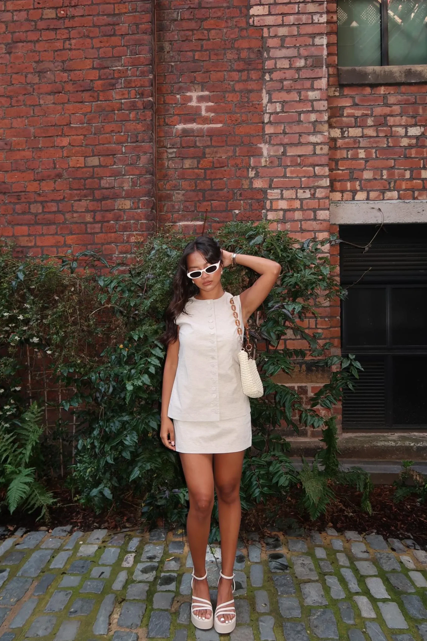 Glamorous Tops|Co-ords|Natural-Ecru Button-Up Sleeveless-Top -