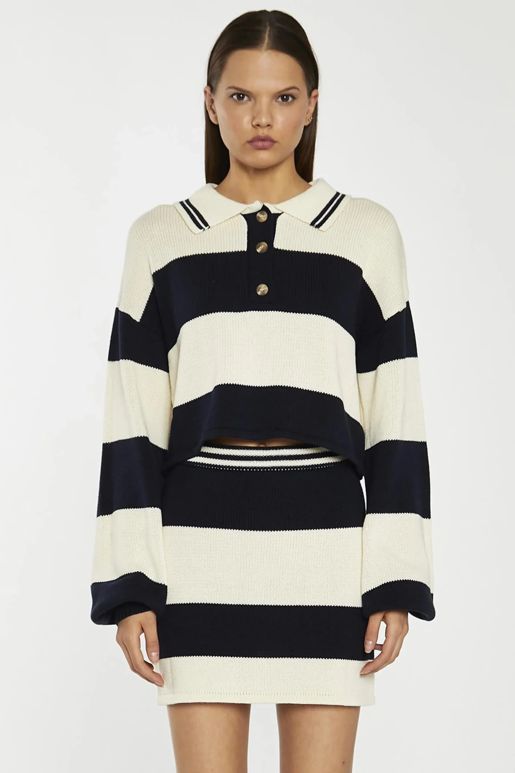 Glamorous Knitted Co-ords|Knitted Skirts|Navy-Cream Stripe Bodycon Knitted Mini-Skirt -