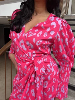 Glamorous Maxi Dresses|Maxi Dresses|Neon Pink-Lilac Leopard Wrap-Tie Maxi-Dress -