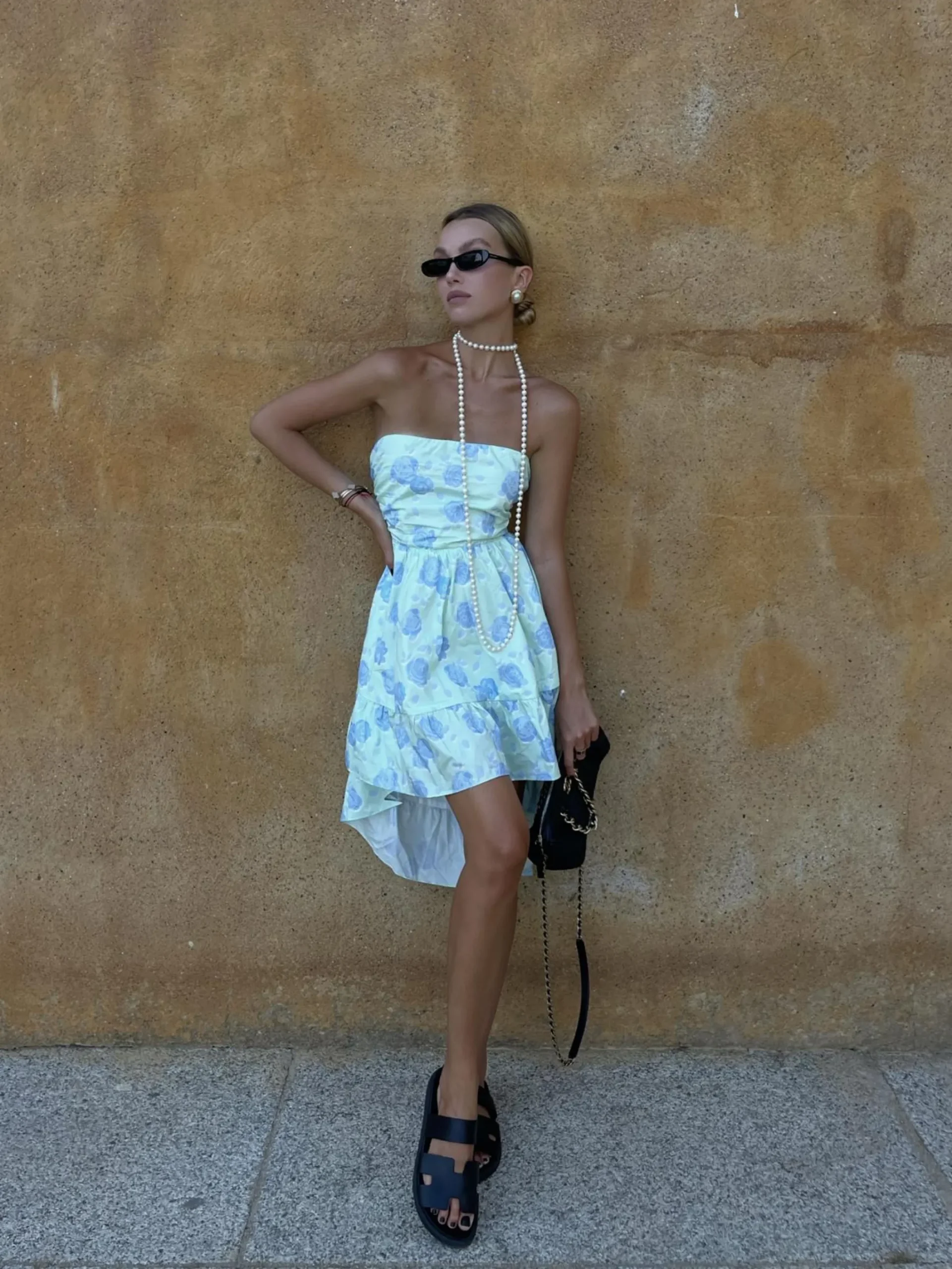 Glamorous Dresses|Chic Escapes|Niamh Strapless Hi-Low Dress -Mint-Blue Floral -