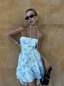 Glamorous Dresses|Chic Escapes|Niamh Strapless Hi-Low Dress -Mint-Blue Floral -