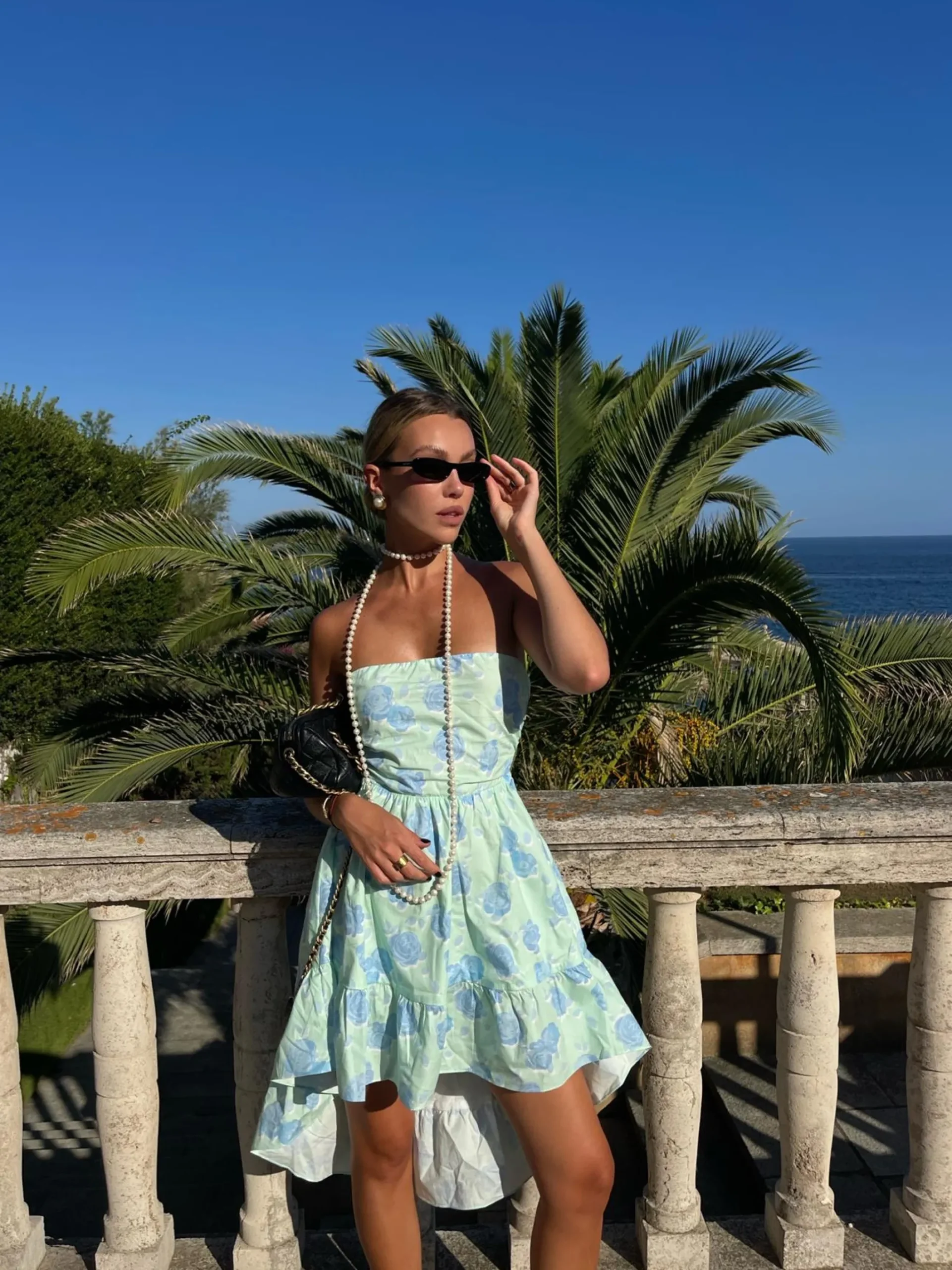 Glamorous Dresses|Chic Escapes|Niamh Strapless Hi-Low Dress -Mint-Blue Floral -