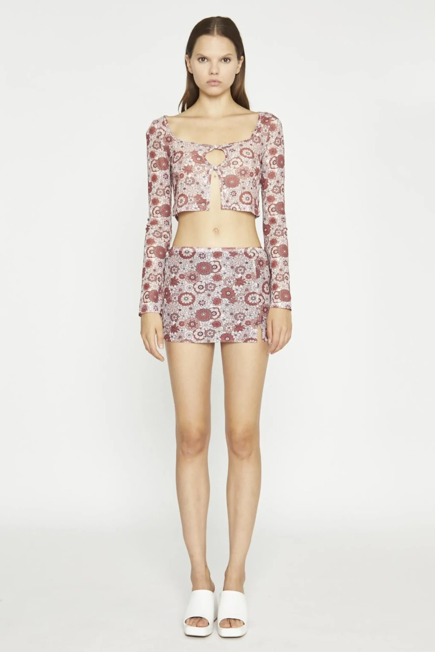 Glamorous Mini Skirts|Nude Brown Vintage Floral Split Mini-Skirt -