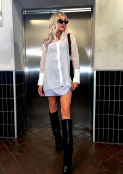 Glamorous Go To Partywear|Blouses & Shirts|Off White Organza Back-Split Oversized-Shirt -