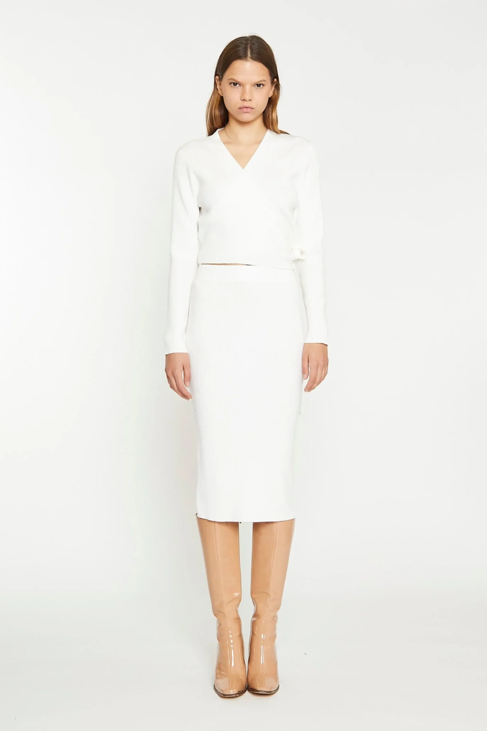 Glamorous Chic Escapes|Co-ords|Off White Rib Knit Midi-Skirt -