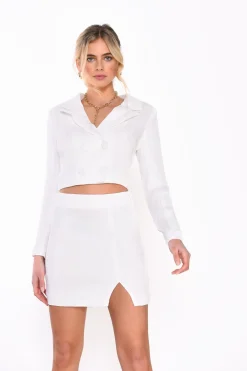 Glamorous Mini Skirts|Off White Textured Split Mini-Skirt -