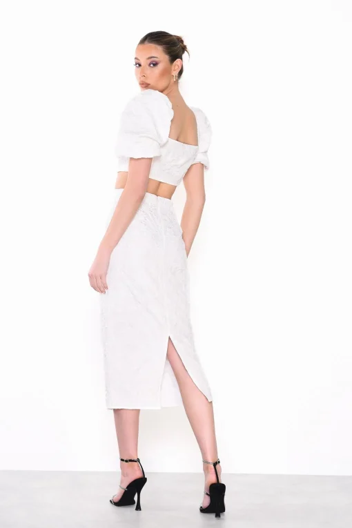 Glamorous Going Out Tops|Co-ords|Off-White Jacquard Puff Sleeve Crop-Top -