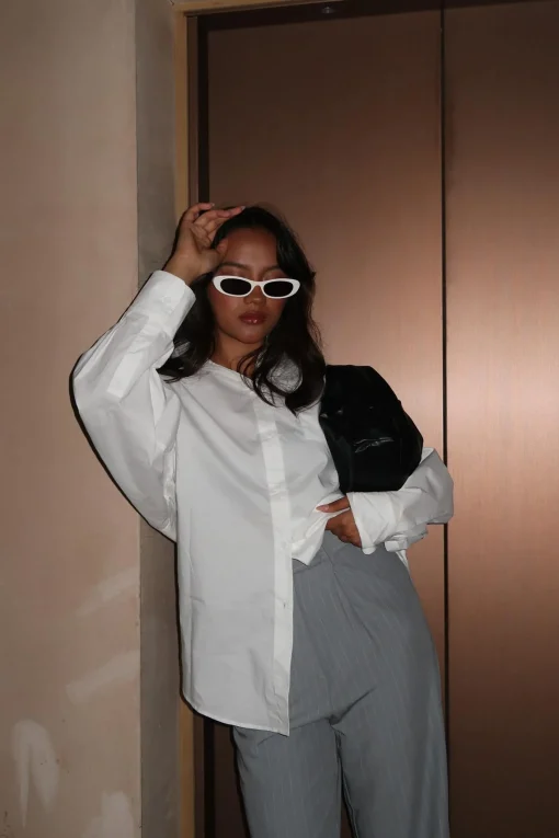 Glamorous Bottoms|Tops|Off-White Long-Sleeves-Button-Front Blouse -