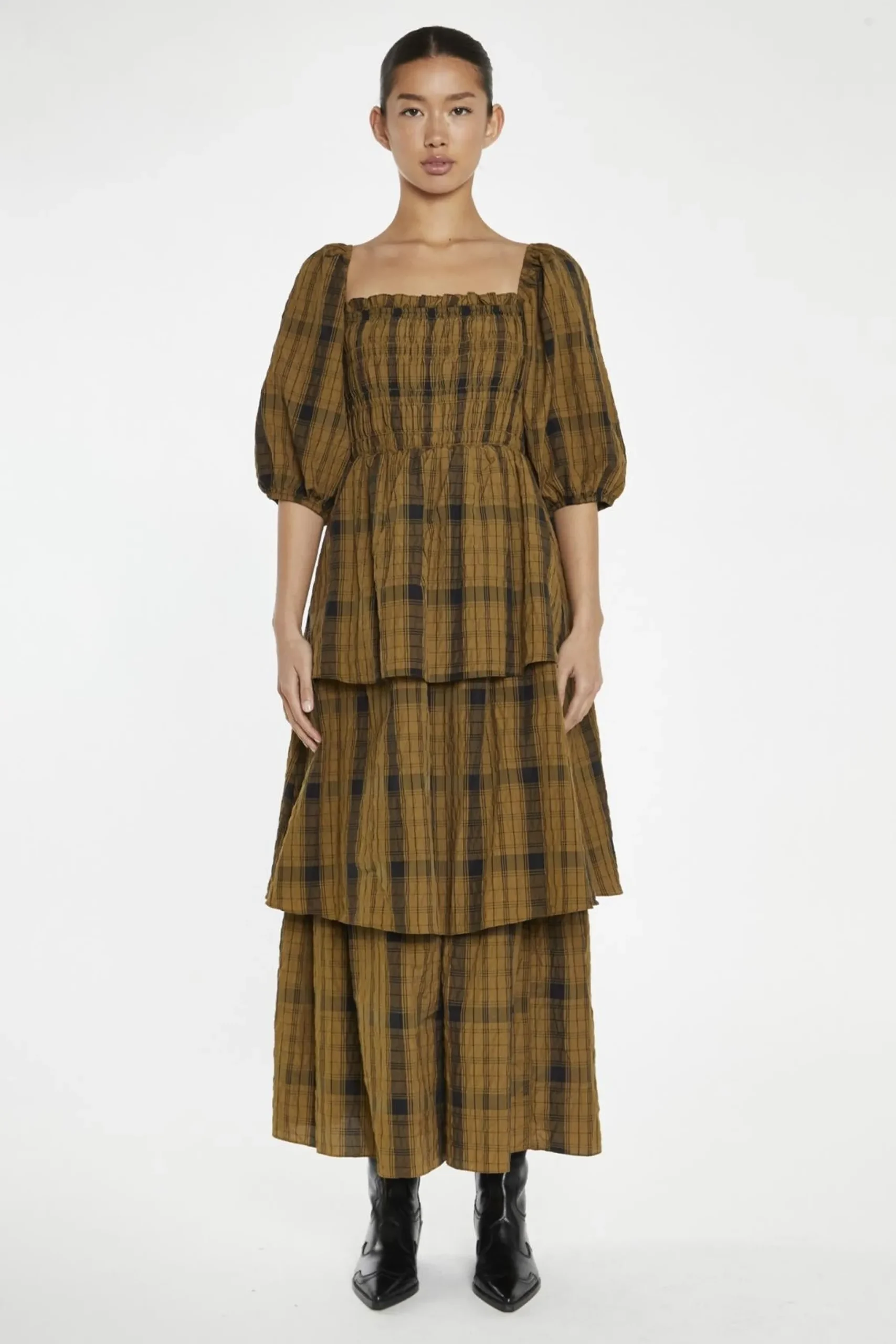 Glamorous Day Dresses|Maxi Dresses|Olive-Check Tiered Maxi-Dress -