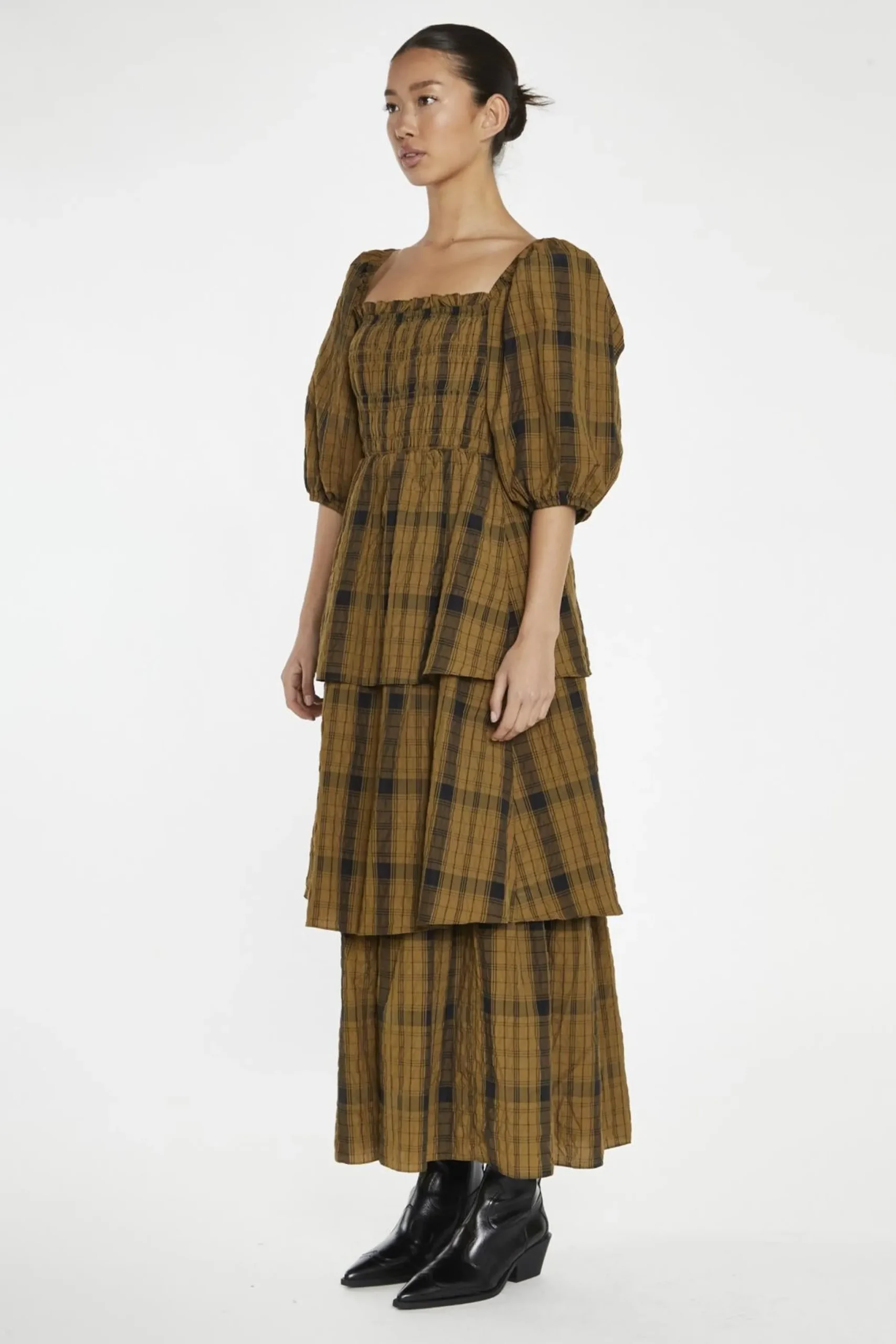 Glamorous Day Dresses|Maxi Dresses|Olive-Check Tiered Maxi-Dress -