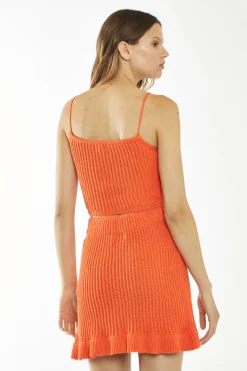 Glamorous Co-ords|Knitted Co-ords|Orange Ruffle Hem Knitted Mini-Skirt -