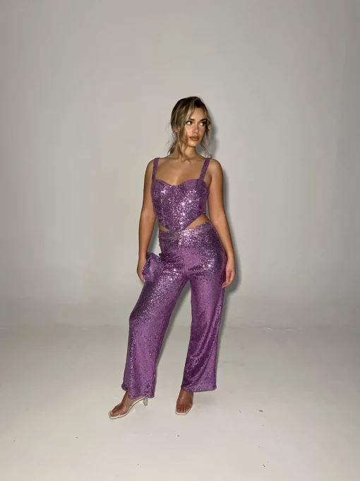 Glamorous Go To Partywear|Co-ords|Orchid-Pink Sequin Wide-Leg Trousers -