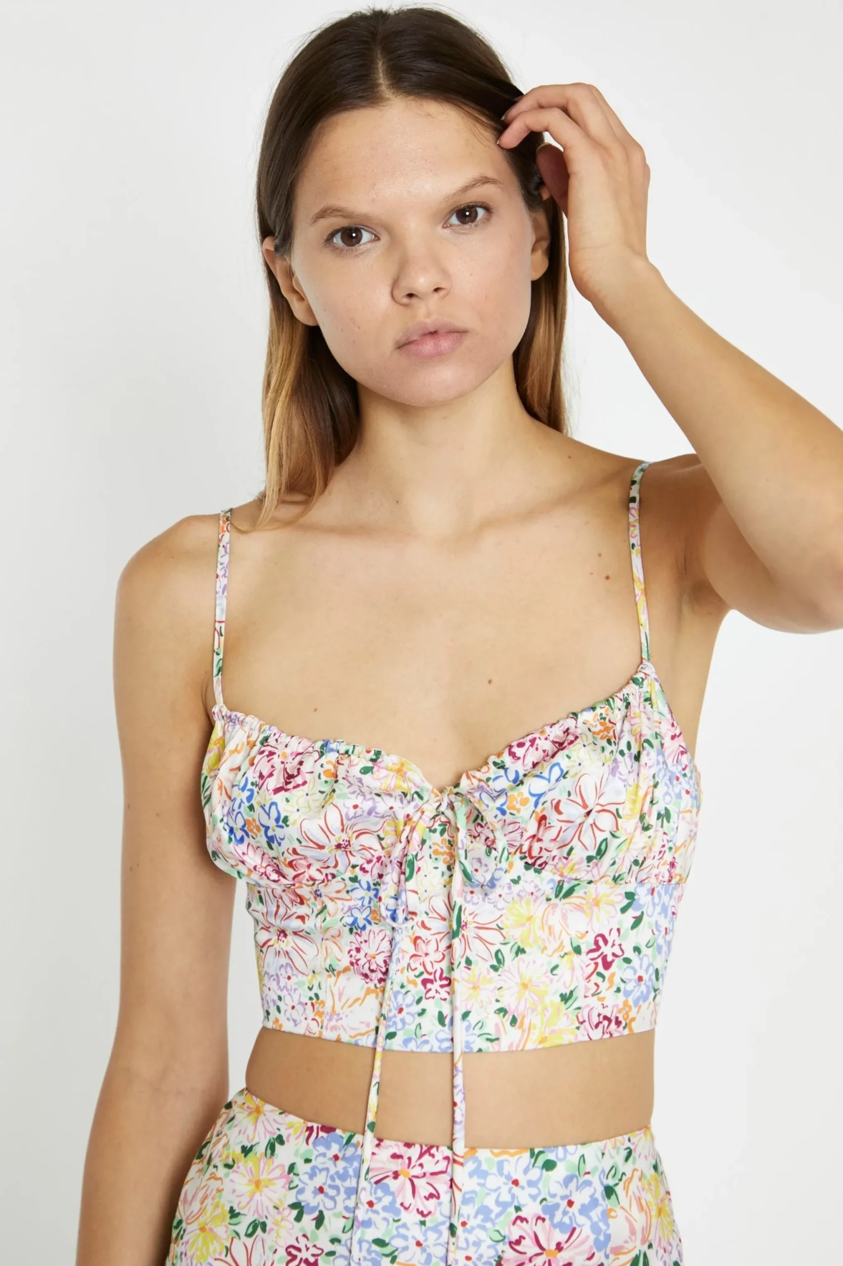 Glamorous Chic Escapes|Co-ords|Painted Multi-Floral Ruched Bust Cup Crop-Top -