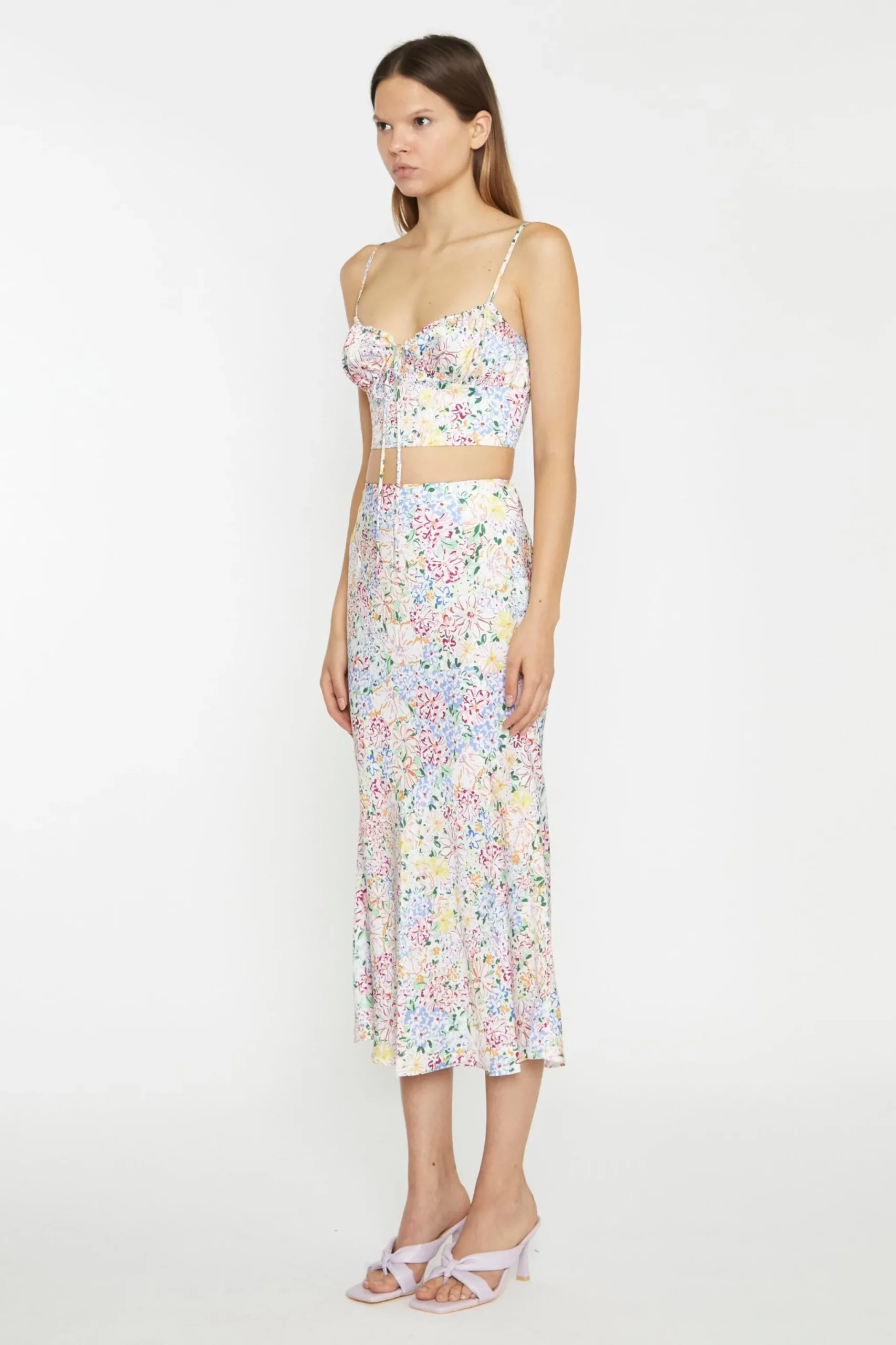 Glamorous Chic Escapes|Co-ords|Painted Multi-Floral Ruched Bust Cup Crop-Top -