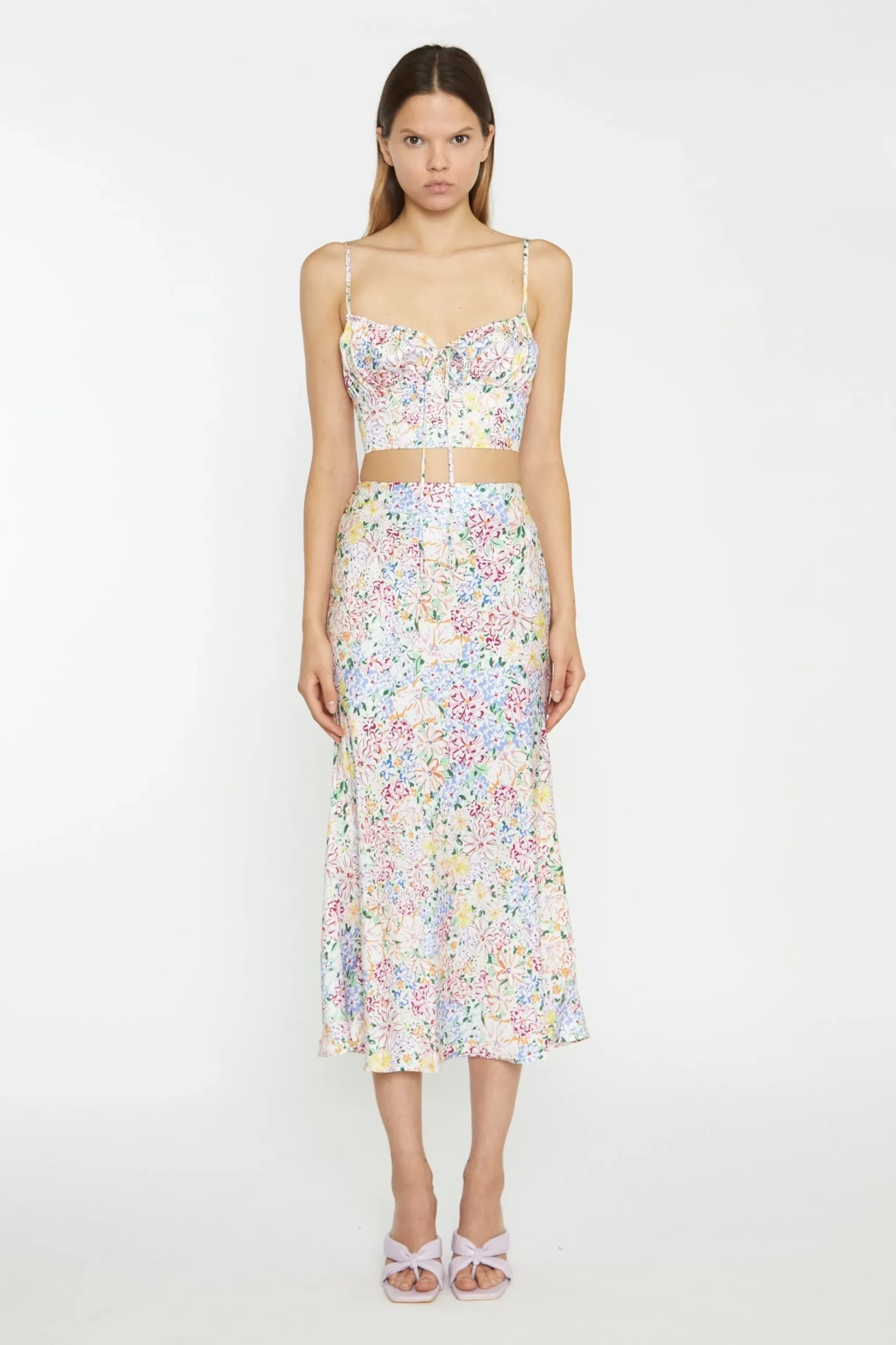 Glamorous Chic Escapes|Co-ords|Painted Multi-Floral Ruched Bust Cup Crop-Top -