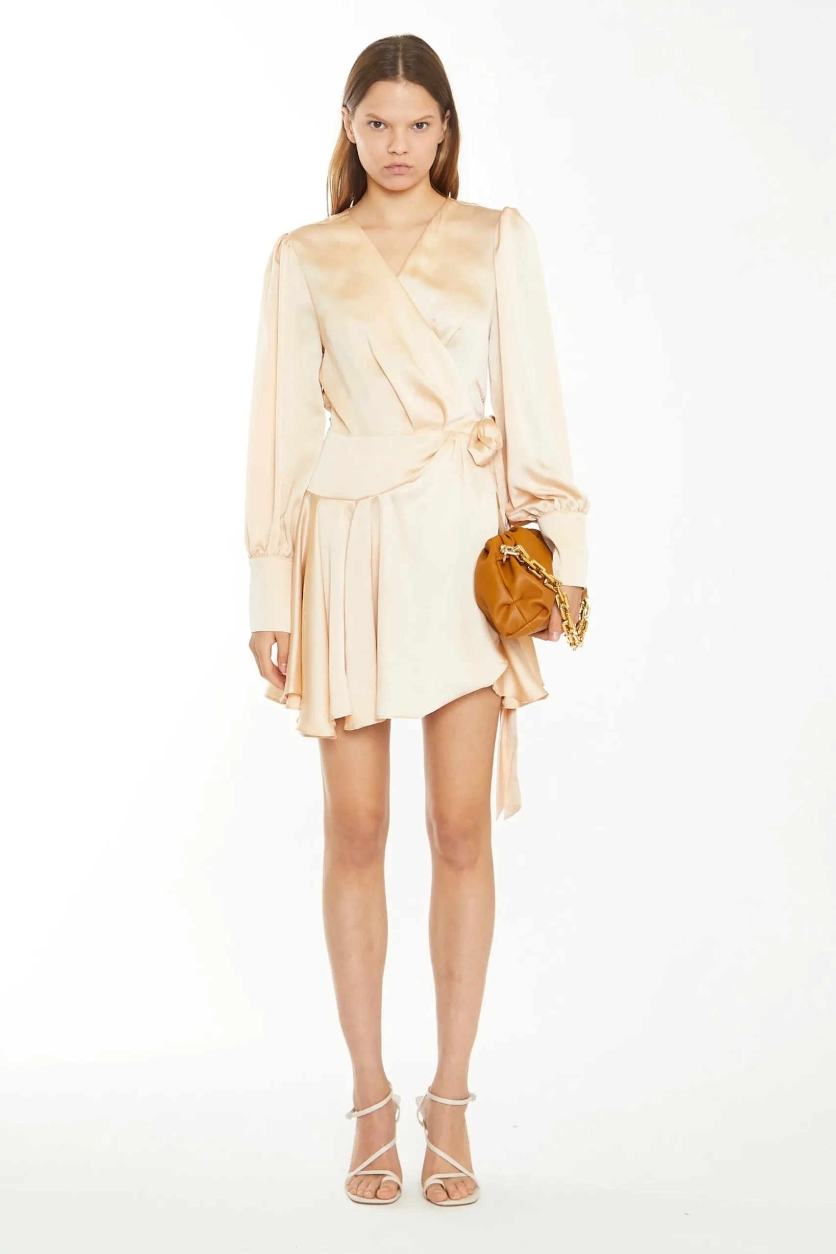 Glamorous Day Dresses|Satin Dresses|Peach Champagne Satin Wrap Mini-Dress -