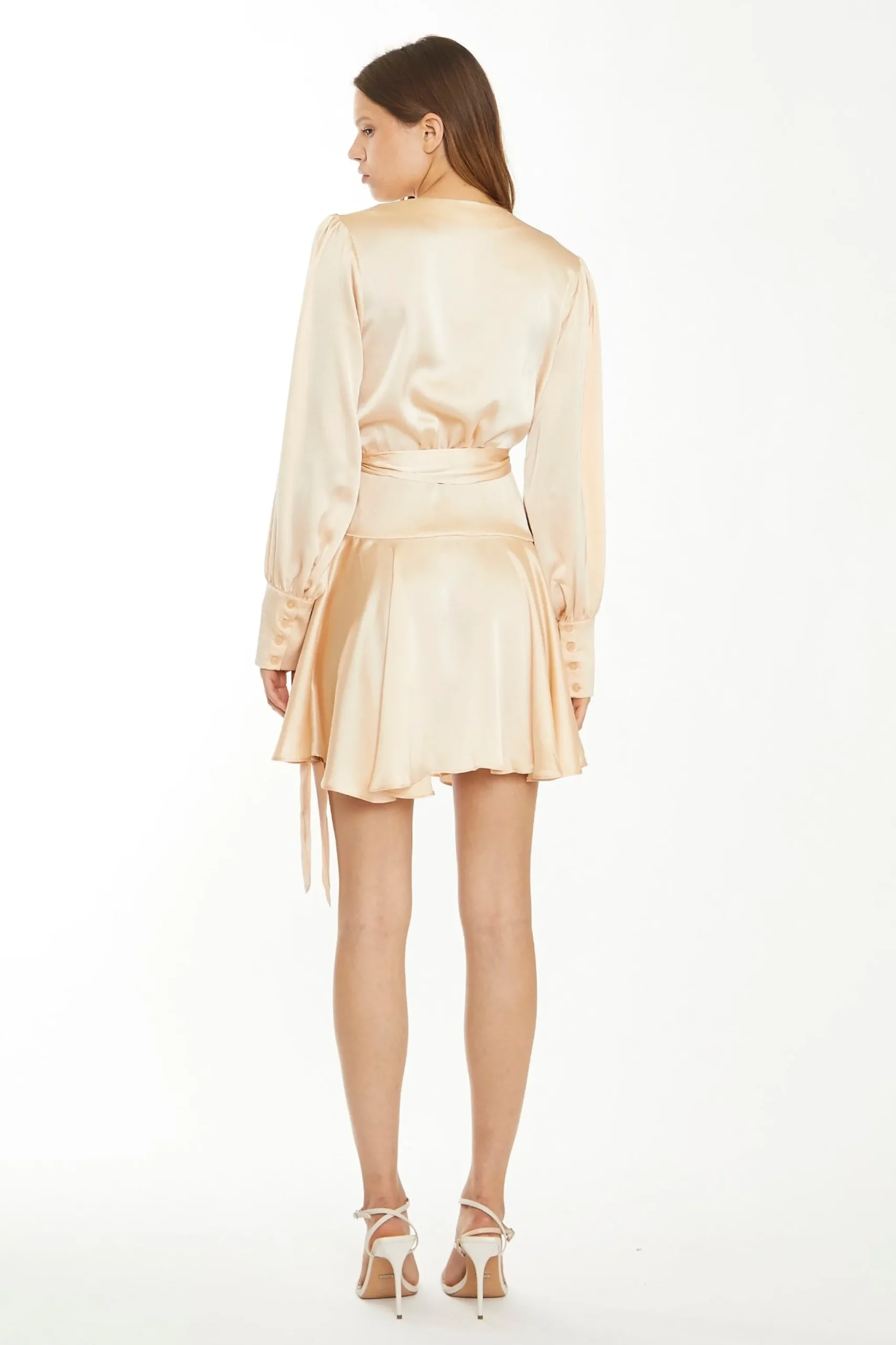 Glamorous Day Dresses|Satin Dresses|Peach Champagne Satin Wrap Mini-Dress -