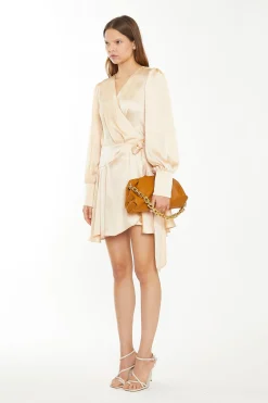 Glamorous Day Dresses|Satin Dresses|Peach Champagne Satin Wrap Mini-Dress -