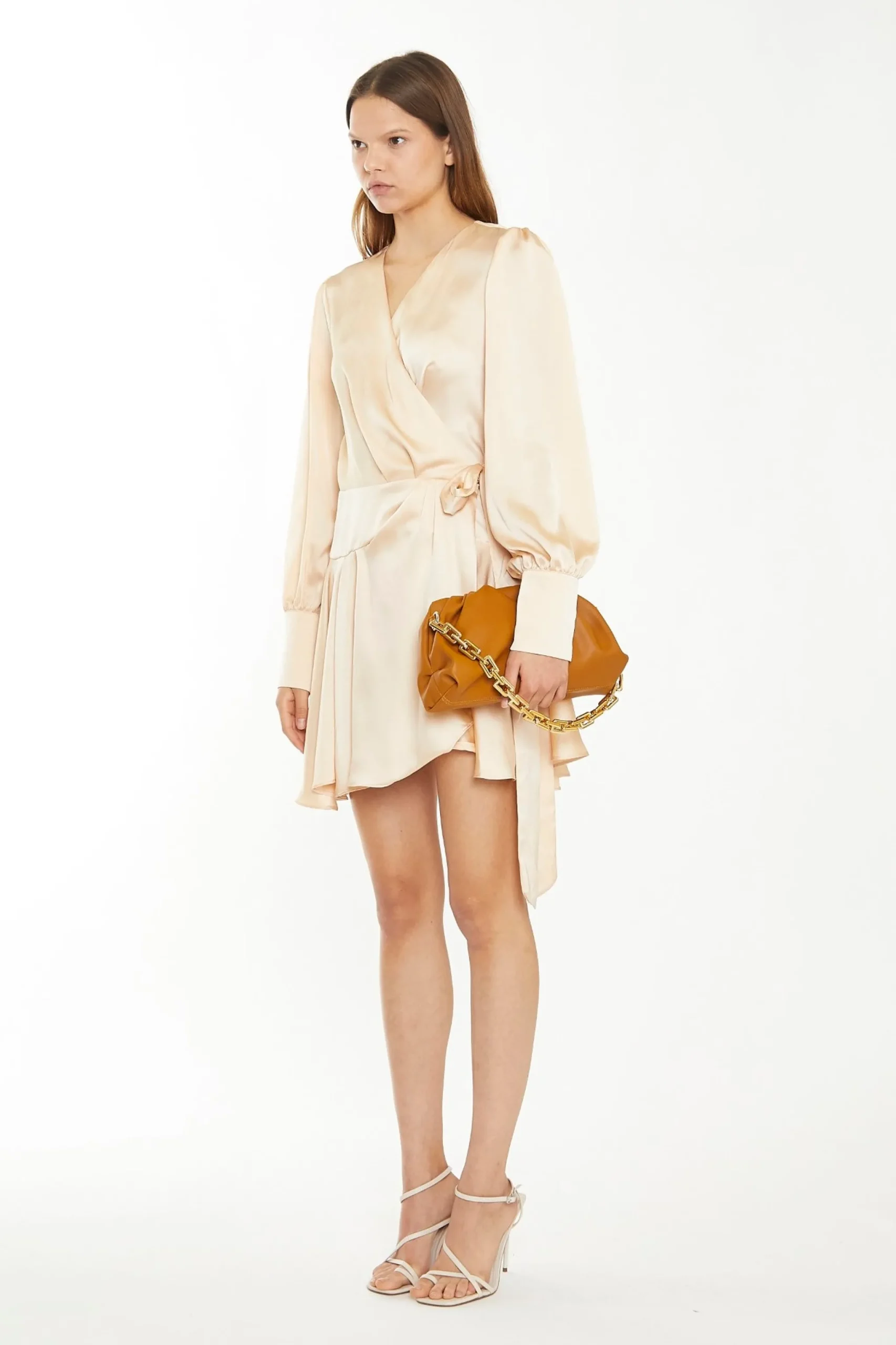 Glamorous Day Dresses|Satin Dresses|Peach Champagne Satin Wrap Mini-Dress -