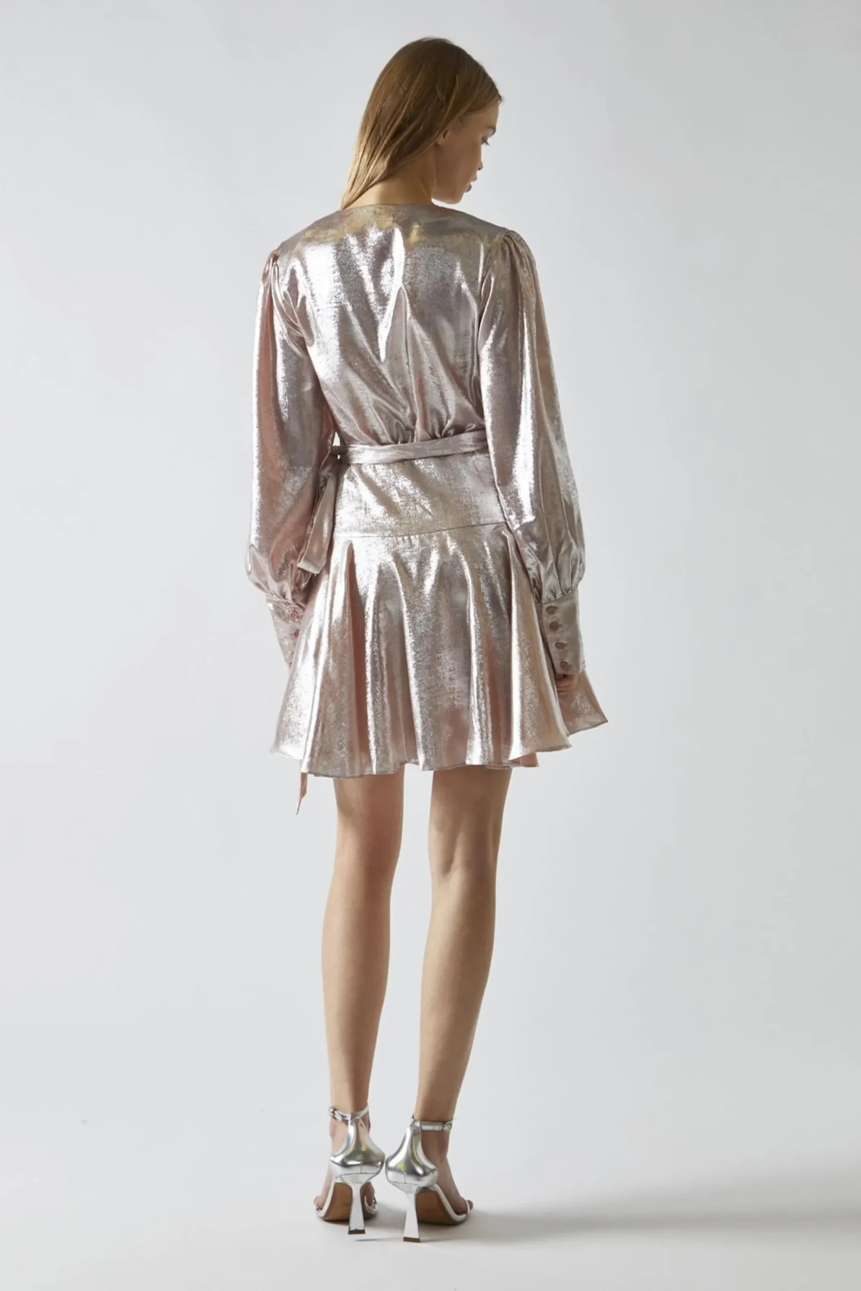 Glamorous Day Dresses|Party Dresses|Peach-Metallic Wrap Mini-Dress -