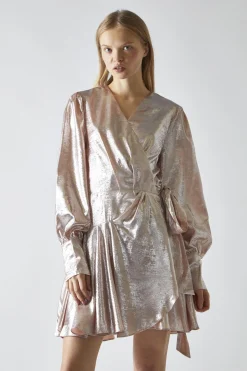 Glamorous Day Dresses|Party Dresses|Peach-Metallic Wrap Mini-Dress -