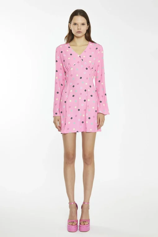 Glamorous Day Dresses|Mini Dresses|Pink Multi-Flower Fluted Sleeve Mini-Dress -