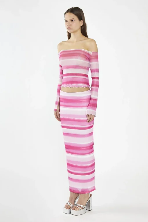 Glamorous Maxi Skirts|Pink Ombre-Stripe Mesh Bodycon Maxi-Skirt -