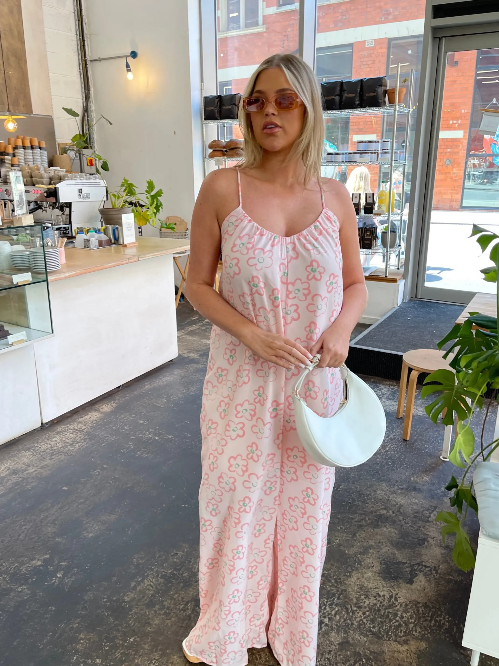 Glamorous Best Dressed Guest|Glamorous Curve|Pink Painted-Daisy Loose-Fit Lace-Up Jumpsuit -