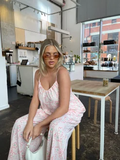 Glamorous Best Dressed Guest|Glamorous Curve|Pink Painted-Daisy Loose-Fit Lace-Up Jumpsuit -