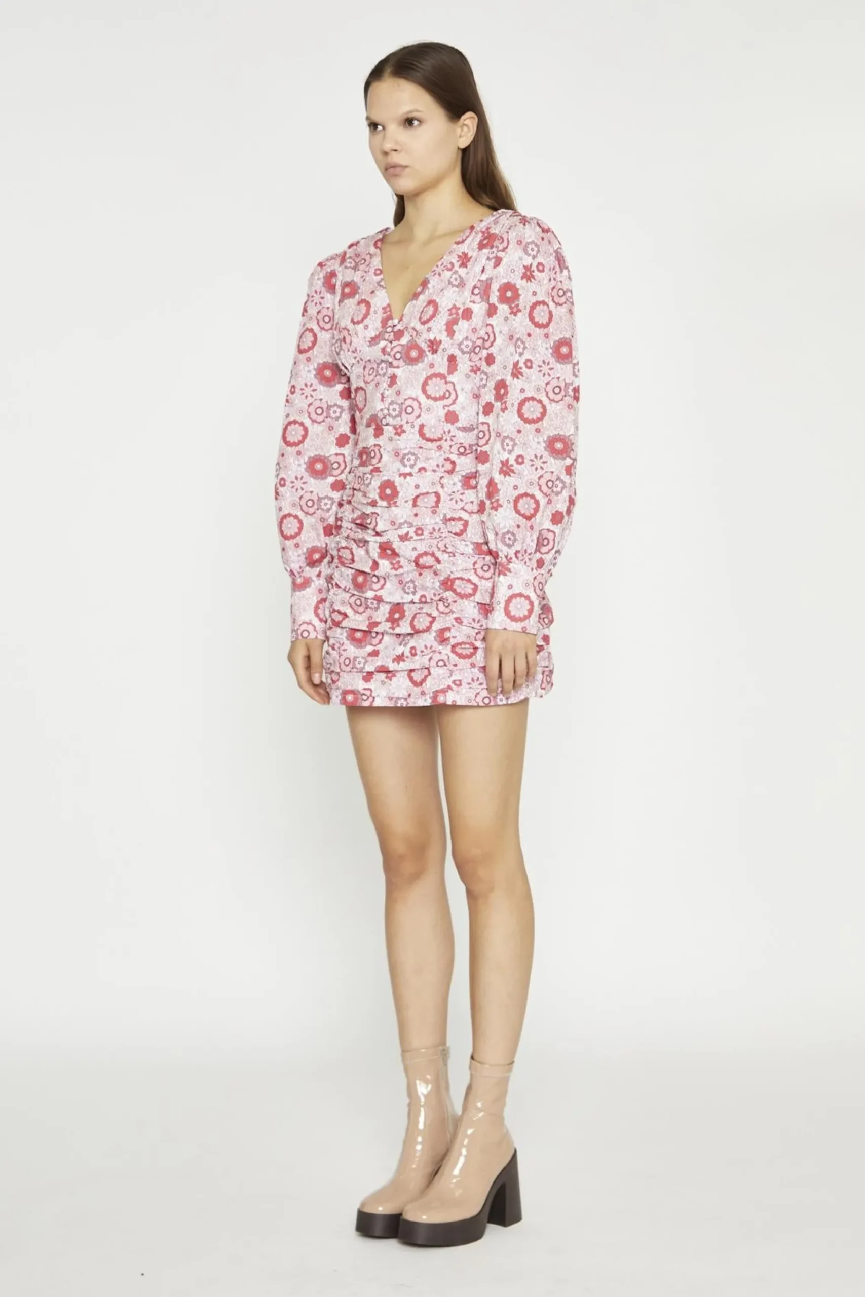 Glamorous Mini Dresses|Mini Dresses|Pink Red Vintage Floral V-Neck Mini-Dress -