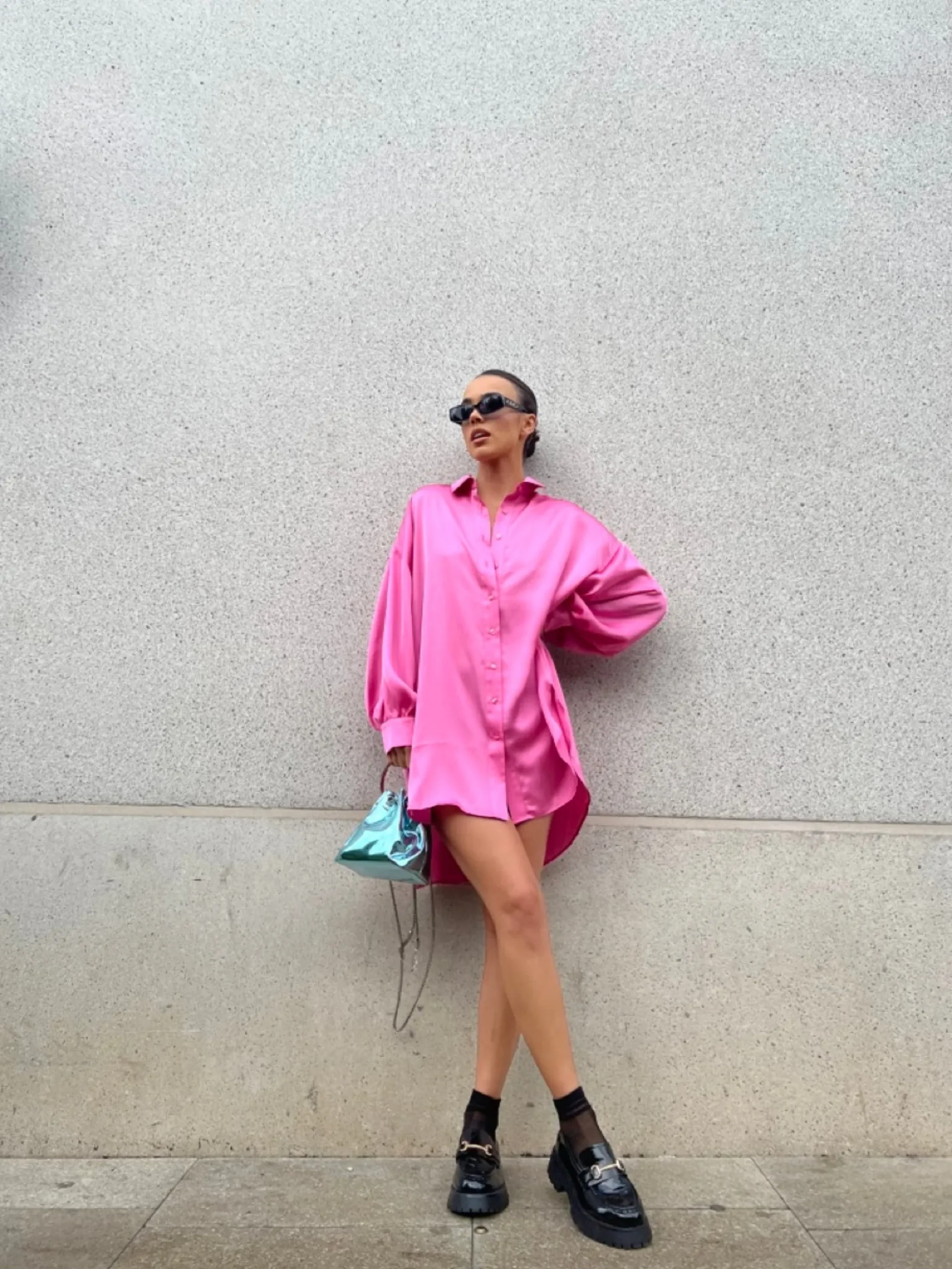 Glamorous Go To Partywear|Day Dresses|Pink Sateen Oversized Mini Shirt-Dress -