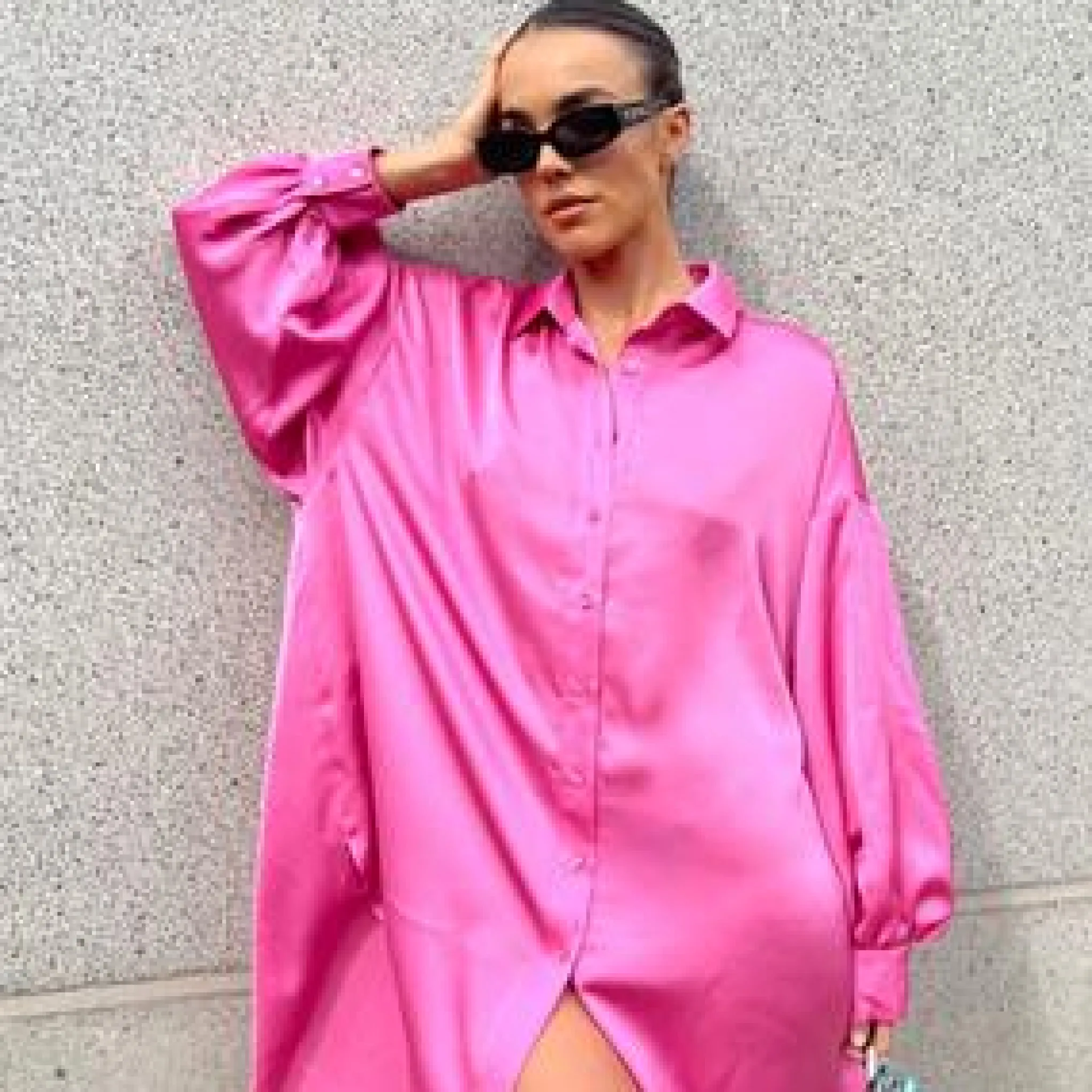 Glamorous Go To Partywear|Day Dresses|Pink Sateen Oversized Mini Shirt-Dress -