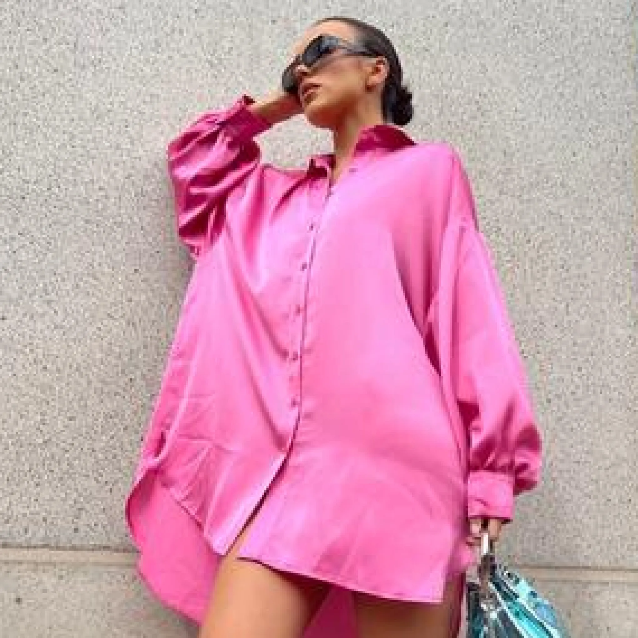 Glamorous Go To Partywear|Day Dresses|Pink Sateen Oversized Mini Shirt-Dress -