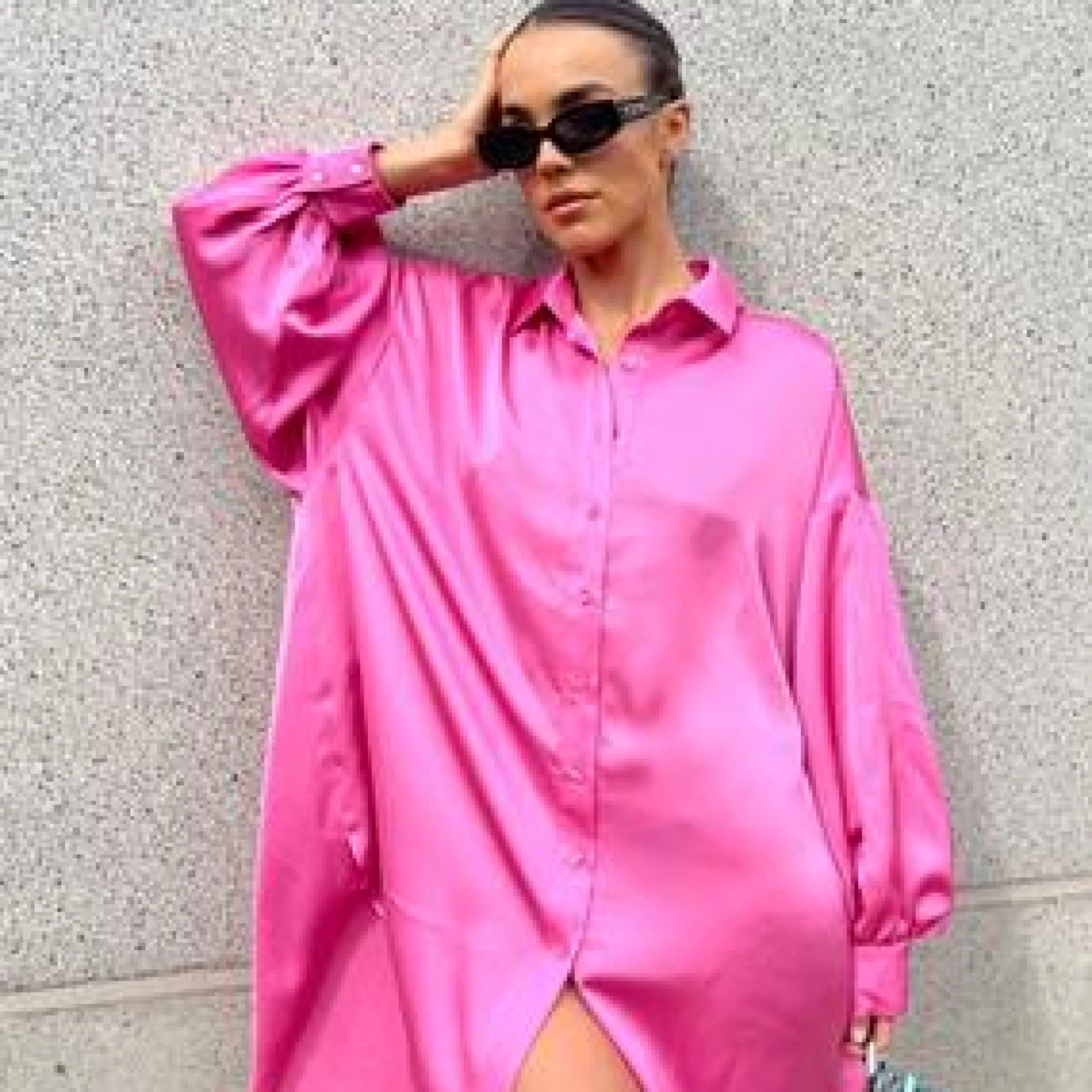 Glamorous Go To Partywear|Day Dresses|Pink Sateen Oversized Mini Shirt-Dress -