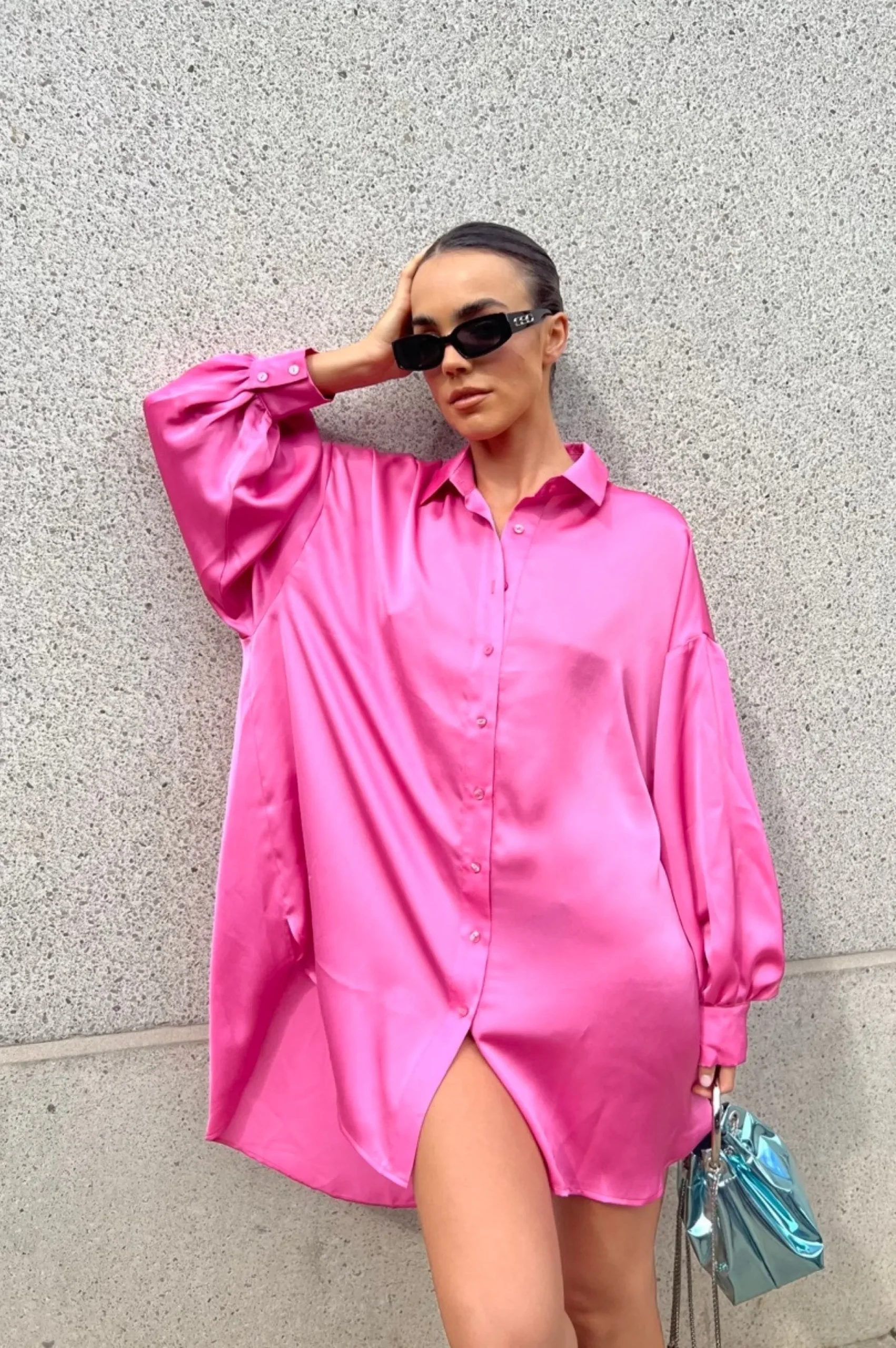 Glamorous Go To Partywear|Day Dresses|Pink Sateen Oversized Mini Shirt-Dress -