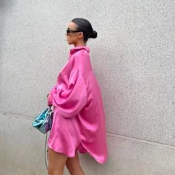 Glamorous Go To Partywear|Day Dresses|Pink Sateen Oversized Mini Shirt-Dress -