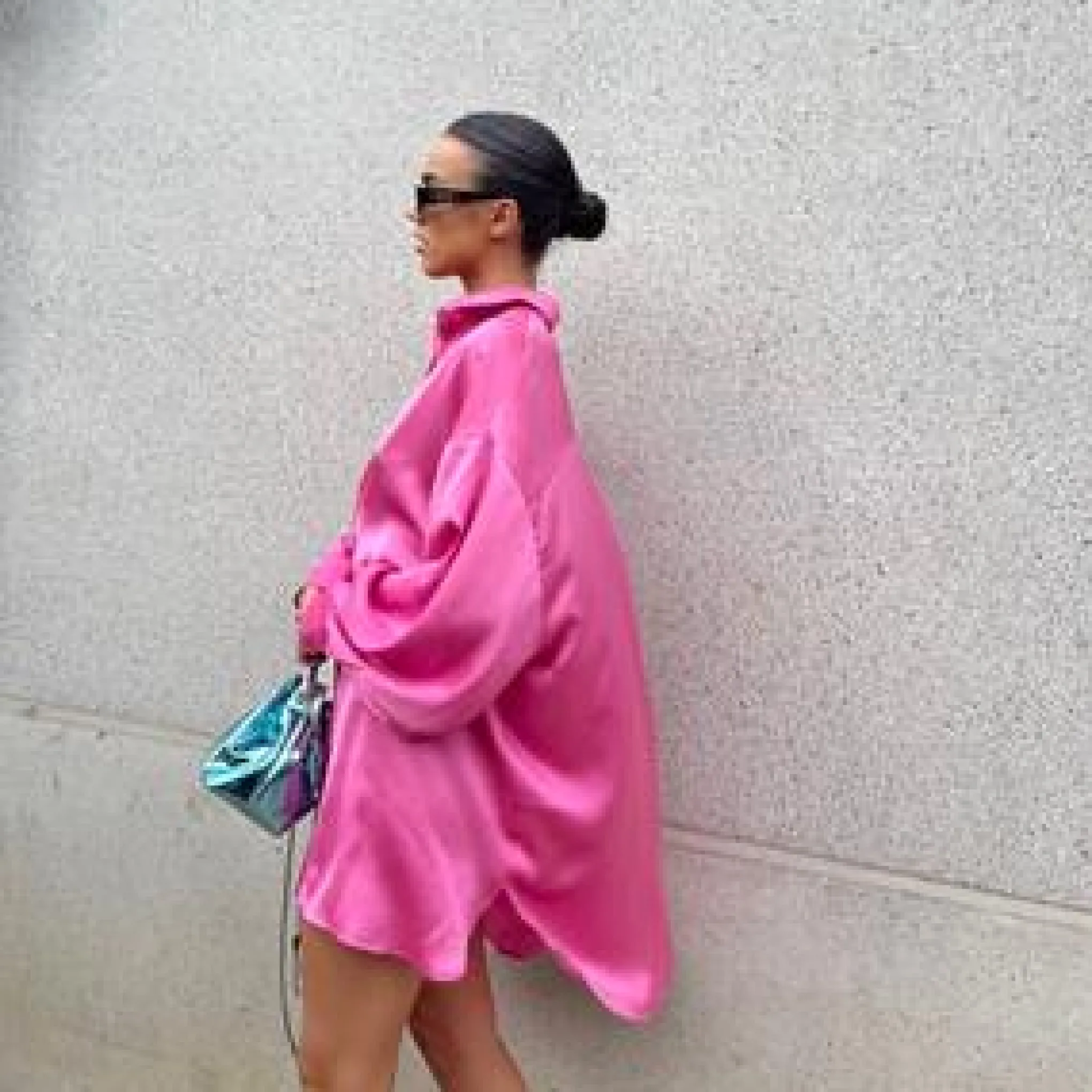 Glamorous Go To Partywear|Day Dresses|Pink Sateen Oversized Mini Shirt-Dress -