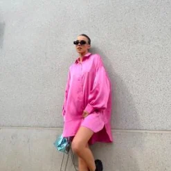 Glamorous Go To Partywear|Day Dresses|Pink Sateen Oversized Mini Shirt-Dress -