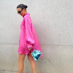 Glamorous Go To Partywear|Day Dresses|Pink Sateen Oversized Mini Shirt-Dress -