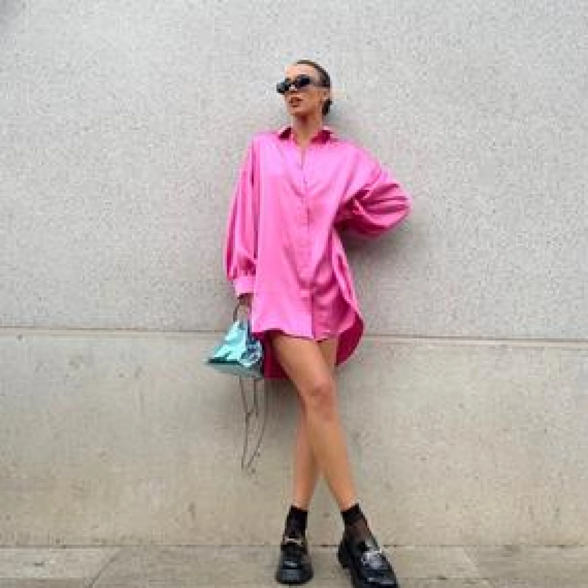 Glamorous Go To Partywear|Day Dresses|Pink Sateen Oversized Mini Shirt-Dress -
