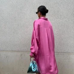 Glamorous Go To Partywear|Day Dresses|Pink Sateen Oversized Mini Shirt-Dress -